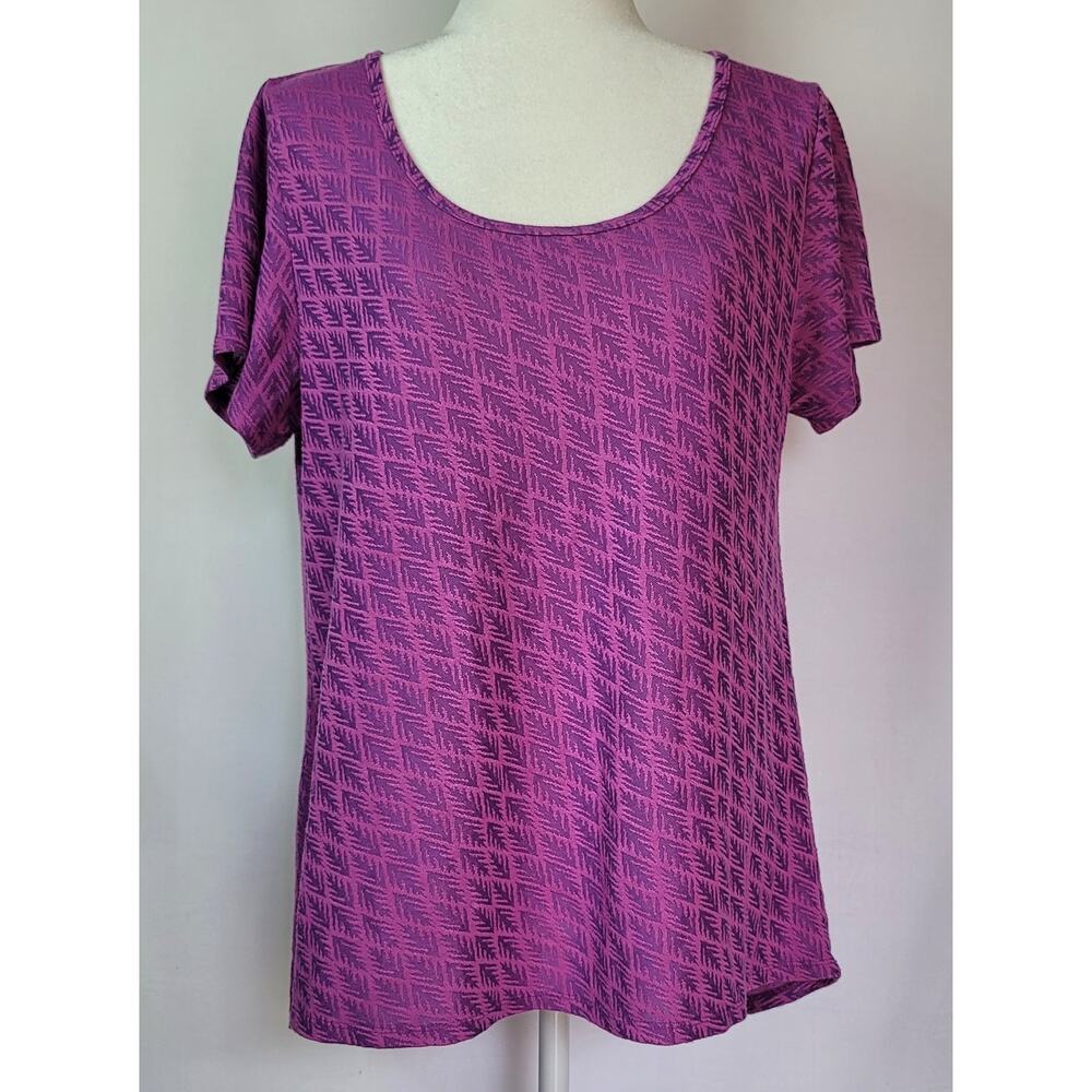 LuLaRoe Purple Feathers Short Sleeve Tunic Top Women's Size Large High-Low Hem